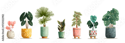 Watercolor illustration of seven potted plants, varying in size and species, arranged in a row against a white background.