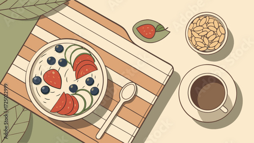 Healthy breakfast bowl with oatmeal fruit and coffee for morning energy nutrition and wellness diet plan