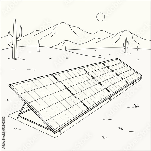 Vector art of solar panel in desert landscape illustration clean energy source in arid environment renewable power generation in dry climate sustainable technology in nature