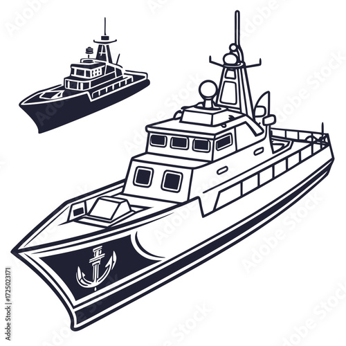 Vector art of a captivating illustration of a patrol boat, showcasing its sleek design and maritime prowess, with an anchor emblem adorning its hull, another boat in background