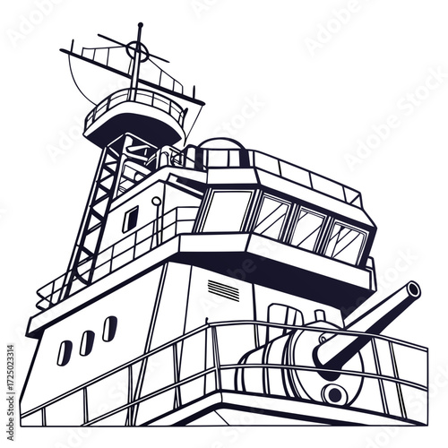 Vector art of isometric illustration of a warship bridge with a cannon, perfect for naval history projects and maritime themed designs