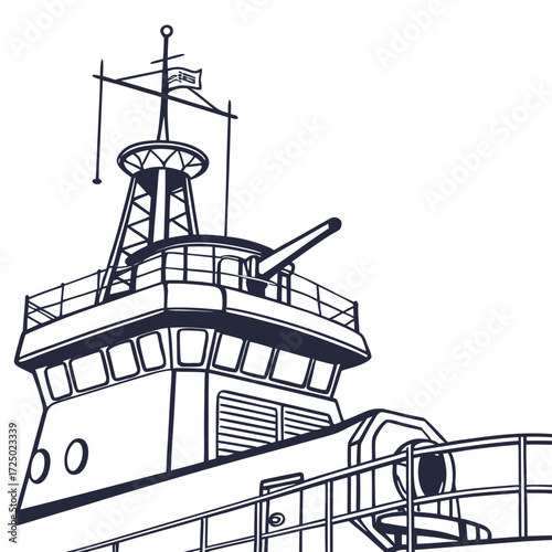 Illustration of a navy ship, showcasing its detailed structure, including the bridge, mast, and other nautical elements, in a clean and minimalist style