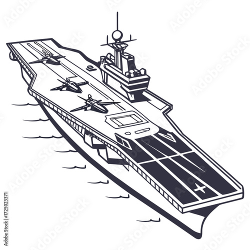 Illustration of an aircraft carrier, a powerful naval vessel designed for launching and recovering aircraft, showcasing its flight deck, control tower, and overall structure