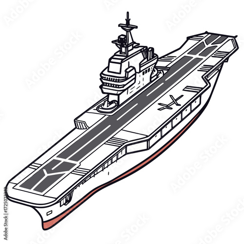 Illustration of an aircraft carrier, a powerful warship designed for launching and recovering aircraft at sea, featuring a flight deck and control tower