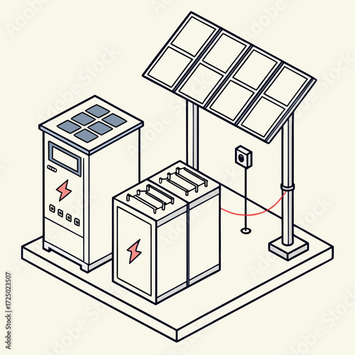 Vector art of isometric illustration of a solar panel system with battery storage and charging station, showcasing sustainable energy solutions and offgrid power generation