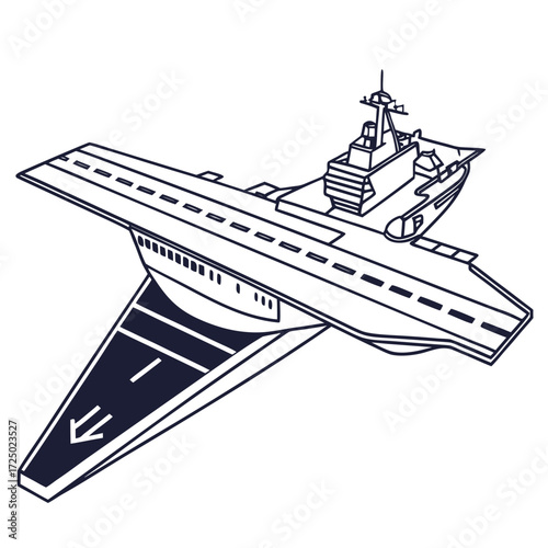 Illustration of an aircraft carrier with a runway on the deck, a powerful warship for naval aviation, showcasing military strength and technology