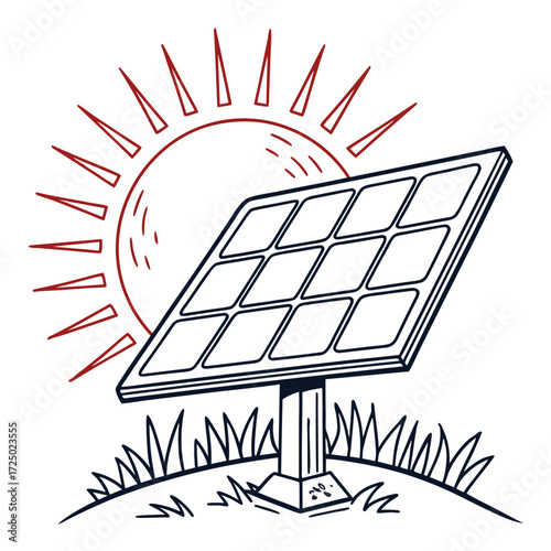 Illustration of a solar panel with sun, a sustainable energy source that converts sunlight into electricity, promoting clean and renewable power generation for a greener future