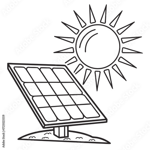 Illustration of a solar panel with sun, a sustainable energy source that converts sunlight into electricity, promoting clean and renewable power generation for a greener future