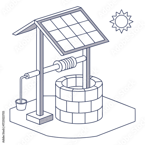 Illustration of a traditional water well with a solar panel roof and a bucket, symbolizing sustainable water management and renewable energy