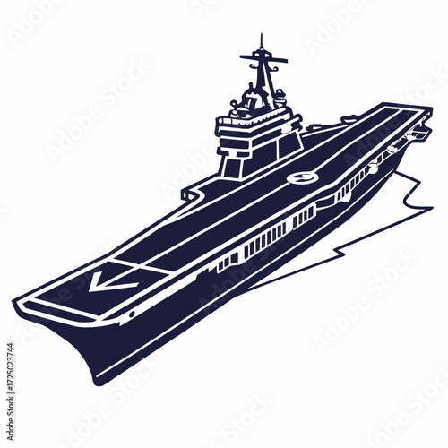 Illustration of an aircraft carrier, a warship designed for deploying and recovering aircraft, equipped with a fulllength flight deck and facilities