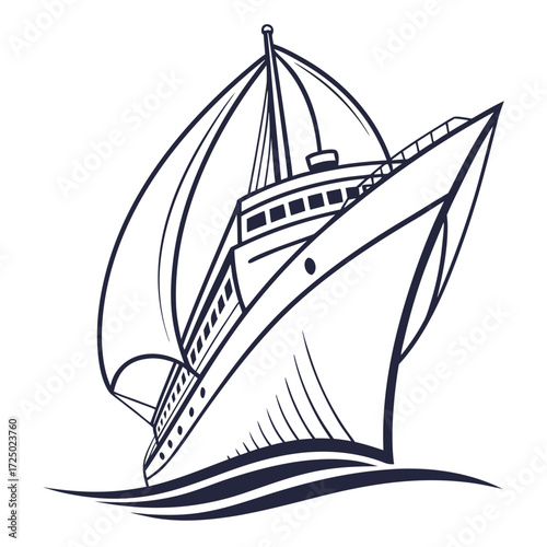 Illustration of a cruise ship, a large passenger ship used for pleasure voyages, featuring multiple decks, cabins, restaurants, and entertainment facilities