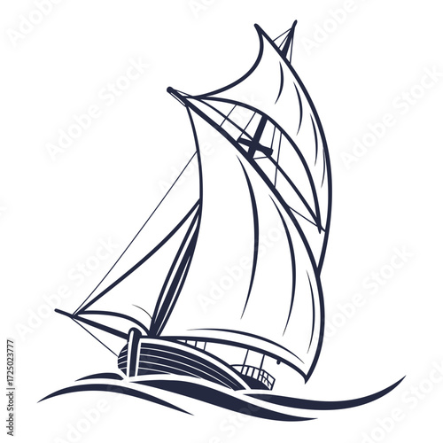 Illustration of a sailboat, a windpowered vessel used for recreation or racing, featuring sails, mast, hull, and rigging for harnessing the wind