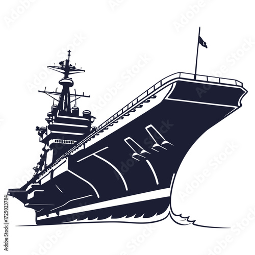 Vector art of a majestic aircraft carrier cuts through the waves, a symbol of naval strength and global reach, a floating city ready to project power and maintain peace