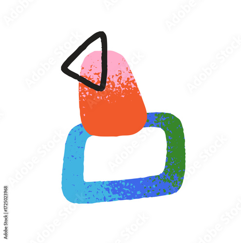 Contemporary art in doodle style. Abstract geometric shapes: outline triangle, rectangle. Textured scribbles of figures, forms and elements' silhouettes. Flat isolated vector illustration on white