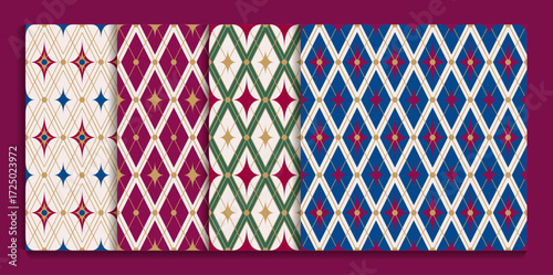 Set of festive christmas seamless diamond patterns. Modern geometric luxury background with diagonal lines and stars. Fabric textile print. Surface cover wrapper design.