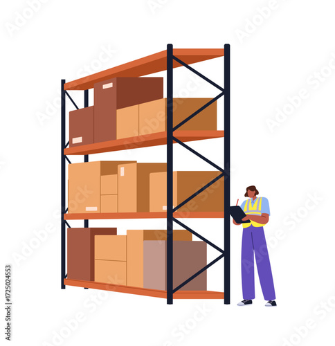 Warehouse worker keeps records of goods, boxes on rack shelves for delivery. Woman in reflective vest takes notes, maintains logistic storage. Flat isolated vector illustration on white background