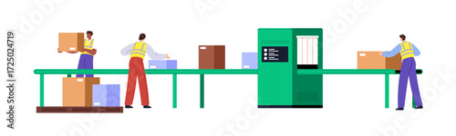 Logistic warehouse workers work on conveyor belt. Storage equipment, machine to deliver boxes, packages. Storehouse, factory, plant machinery. Flat isolated vector illustration on white background