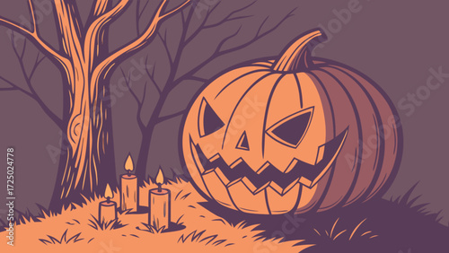 Halloween pumpkin jack o lantern with candles and spooky tree illustration vector art design image