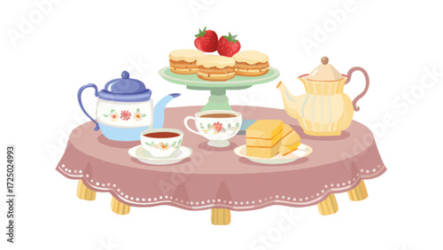 Afternoon tea party illustration with teacups teapot cakes and strawberries on table cloth vector art