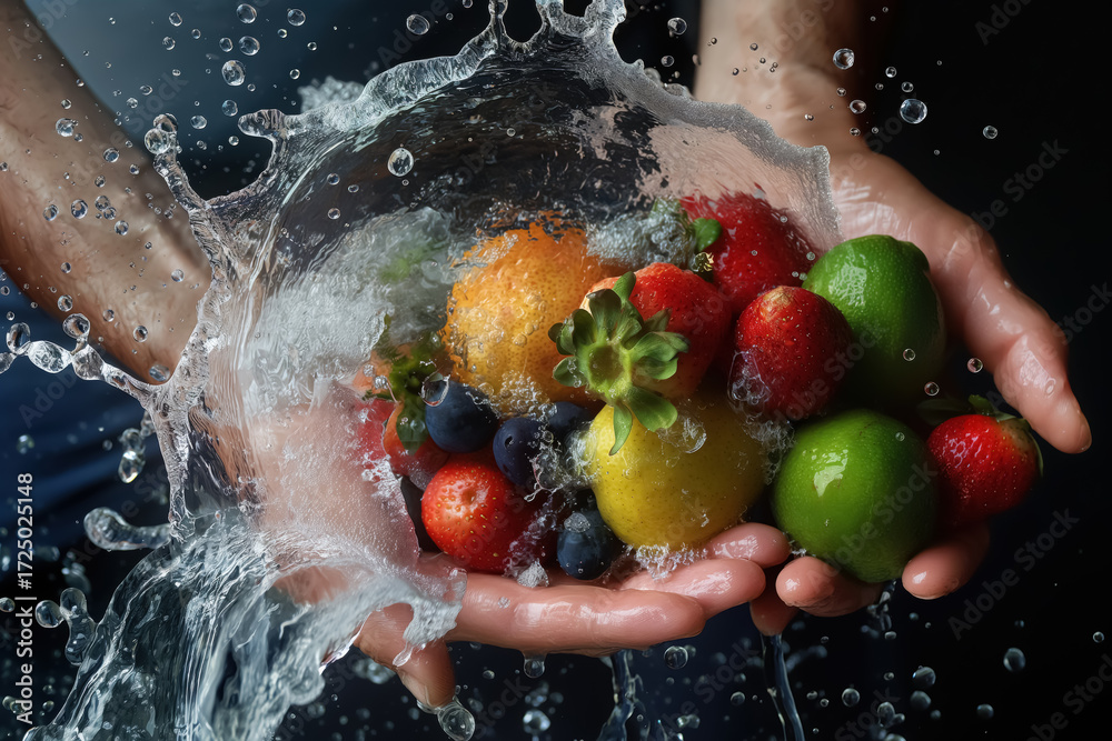 Fototapeta premium Cascading Splash Over Vibrant Handheld Citrus and Berries. Dynamic close-up of fresh fruit washed in motion against a dark backdrop.