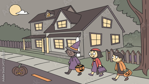 Halloween trick or treating kids in costumes walking on sidewalk at night illustration vector design
