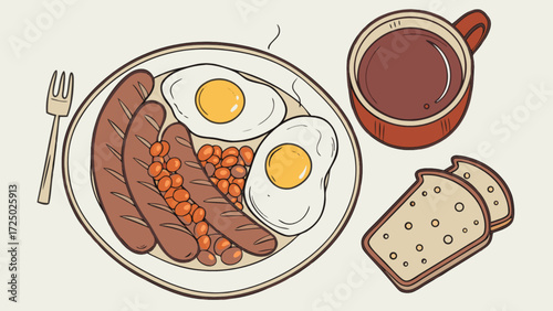Delicious full english breakfast with sausages eggs beans toast and coffee drawing vector illustration