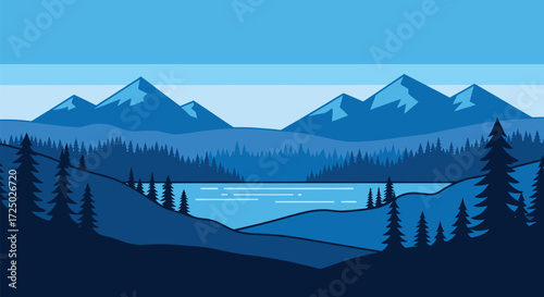 Vector art of pixel art landscape with mountains, pine trees, and a lake under a clear blue sky, evoking a serene and minimalist natural scene