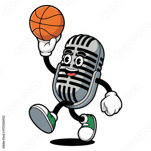 Basketball Playing Microphone Mascot in Dynamic Cartoon Style