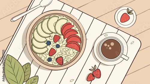 Healthy breakfast bowl with oats fruit and coffee vector illustration food and drink morning meal concept