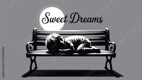 Peaceful black and white illustration of a sleeping child dreaming on a park bench evokes serenity and childhood innocence for heartwarming projects.
