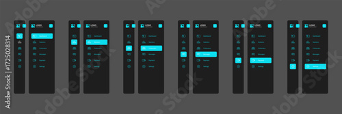 Modern and minimalistic dashboard menu interface design set. Clean user interface (UI) with sidebar navigation, icons, and menu items for managing admin panels. Suitable for UX/UI projects.