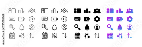 A clean and modern set of dashboard menu icons designed for web and mobile applications. UI symbols: home, settings, notifications, messages, users, loupe, calendar, filtr, sort.
