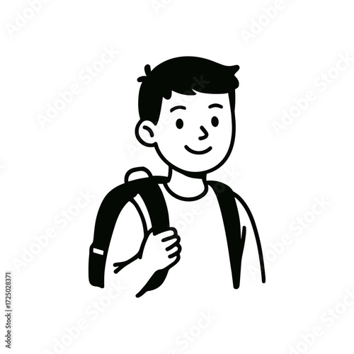 Black and white vector illustration of a young person smiling while holding a backpack. The simple design captures a cheerful expression and is ideal for educational or youth oriented themes.