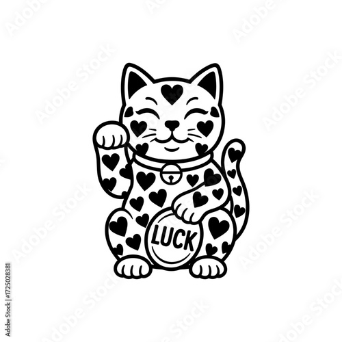 Vector illustration of a lucky cat adorned with heart patterns, holding a coin inscribed with the word "LUCK". The cat is raising its paw, symbolizing good fortune and happiness.