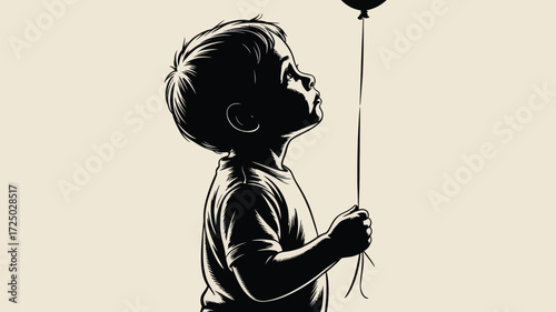 Touching illustration of a boy gazing up at a balloon, evoking innocence, dreams, and the poignant beauty of childhood wonder and imagination