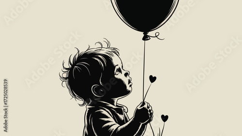 Adorable baby gazing up at a balloon with heart details, a moment of wonder and innocence perfect for heartfelt designs and childhood memories
