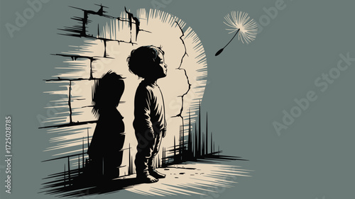 Pensive child dreams of freedom, watching a dandelion seed drift away from a cracked wall, a symbol of hope and imagination