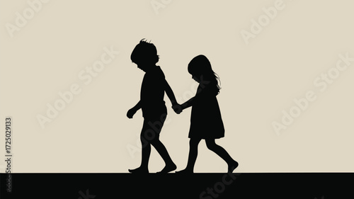 Silhouette of little boy and girl walking hand in hand creating a heartwarming feeling of love, family, and childhood innocence