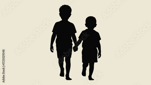 Heartwarming silhouette of two young brothers holding hands as they walk together, symbolizing family bond, childhood innocence, and sibling love