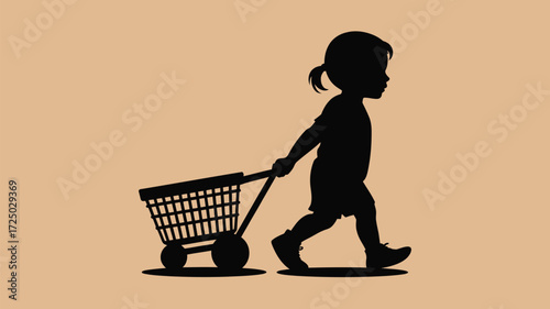 Adorable silhouette of a little girl pulling a shopping cart ready for pretend play, perfect for childhood, shopping, and family themes