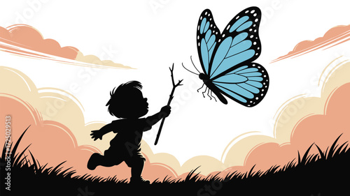 Adorable child chasing a playful butterfly with a stick across a grassy hill under a pastel sky conveying a feeling of childhood freedom