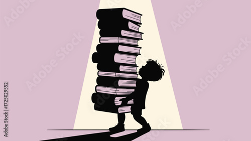 Little scholar carrying a mountain of knowledge, a student's burden, academic achievement, education concept, children's illustration, and school success