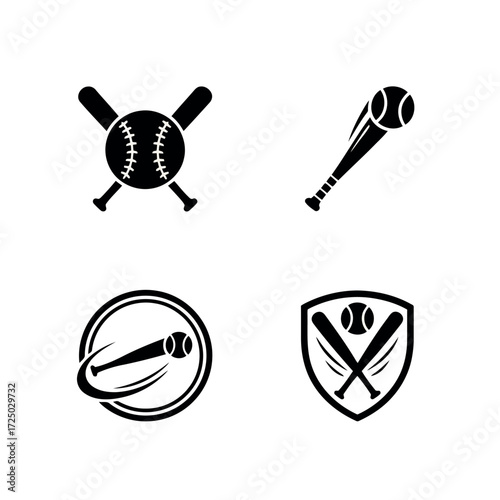 Collection of four distinct baseball themed graphic icons in a silhouette style isolated on transparent background