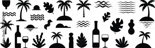 A collection of black silhouette elements featuring tropical plants, palm trees, waves, bottles, and glasses, with a textured, distressed aesthetic. This vector set is ideal for creating summer-themed