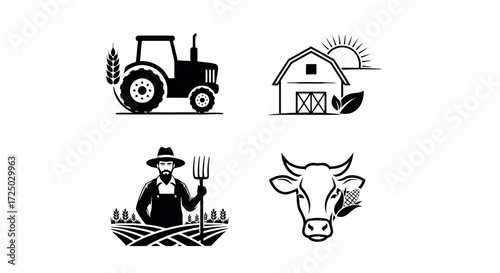 Collection of four distinct farm related silhouette icons including a tractor barn with sun farmer with pitchfork and cow head isolated on transparent background silhouette