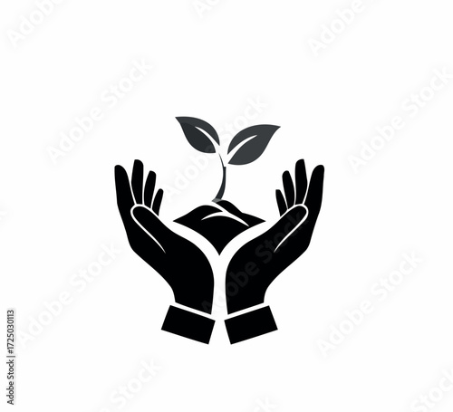 Black silhouette of cupped hands gently holding soil with a young plant seedling growing upwards isolated on transparent background