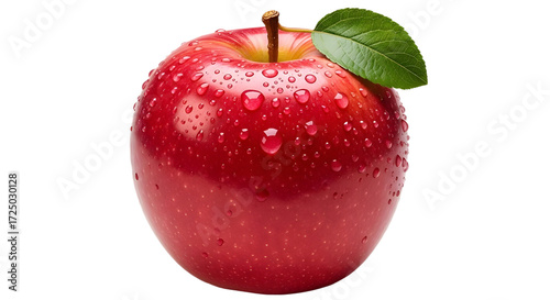 Fresh red apple with water droplets and green leaf isolated PNG with Transparent Background
