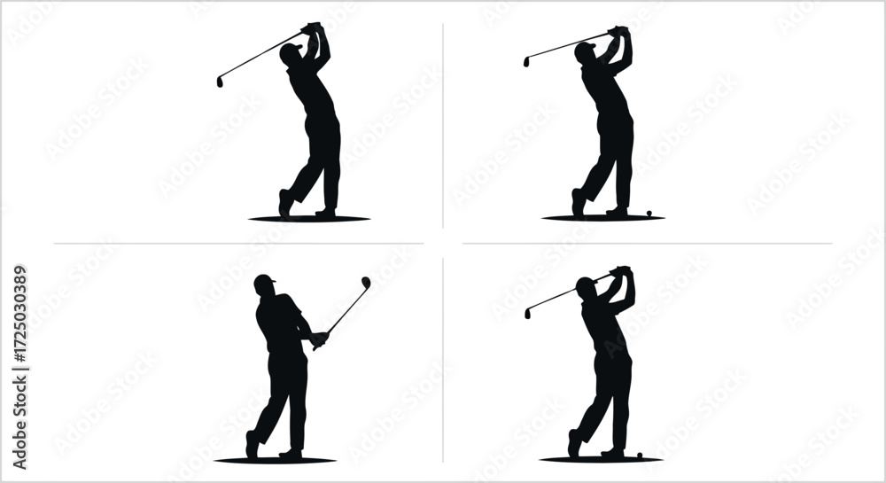 Fototapeta premium Four distinct silhouette poses of a male golfer in mid swing captured in a dynamic sequence isolated on transparent background