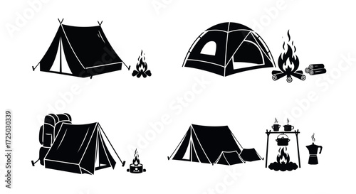 Collection of four distinct camping tent silhouettes with campfires and outdoor gear isolated on transparent background