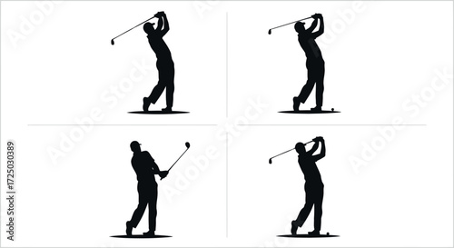 Four distinct silhouette poses of a male golfer in mid swing captured in a dynamic sequence isolated on transparent background